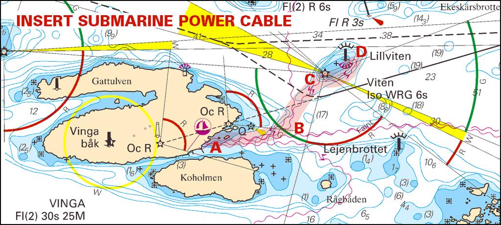 Vinga 57-38,0N 11-36,3E Inför sjökabel, el mellan a) - d) a) 57-37,92N 11-36,59E b) 57-37,97N 11-37,06E c) 57-38,12N 11-37,24E d) 57-38,17N 11-37,37E Bsp Västkusten S 2014/s18, s44, s45, s48, s49