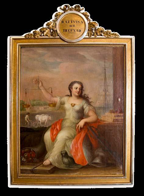 Målningen av Justitia hänger i huvudförhandlingssalen i Karlskrona tingsrätt. Porträttet är målat av Anders Eklund, död 1802 i Stockholm.