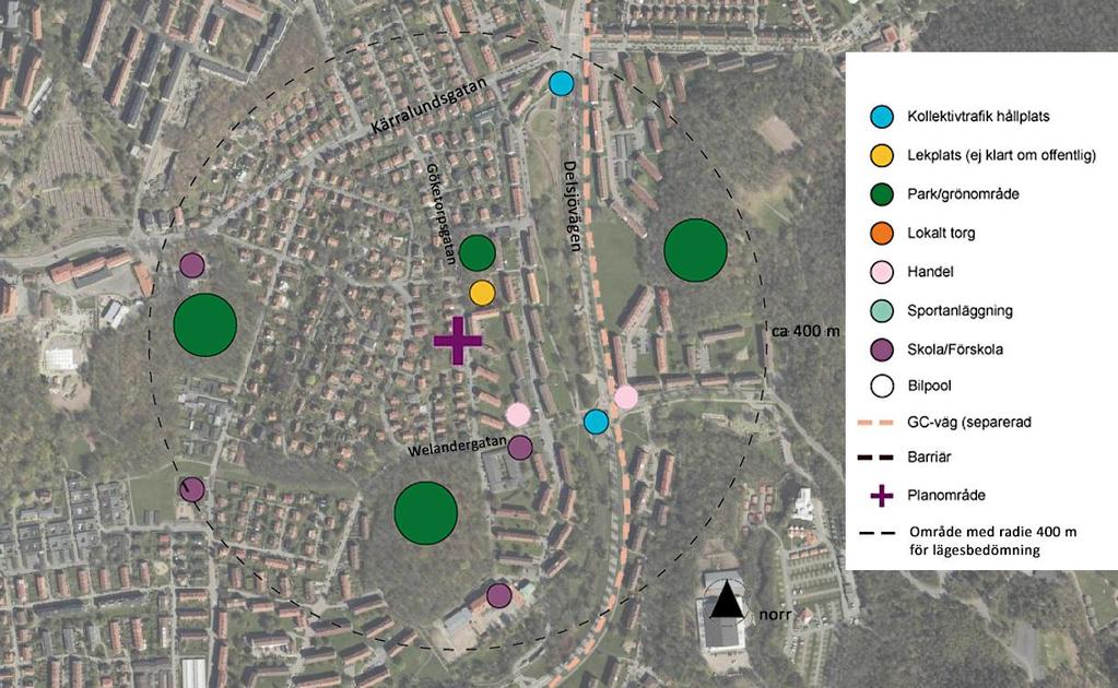 Lägesbedömning (analyssteg 2) Utredningsområde Kartan visar utredningsområdet (planområdet) med tecknet + och platser för kollektivtrafik, cykelstråk och service inom ett avstånd på 400 meter från