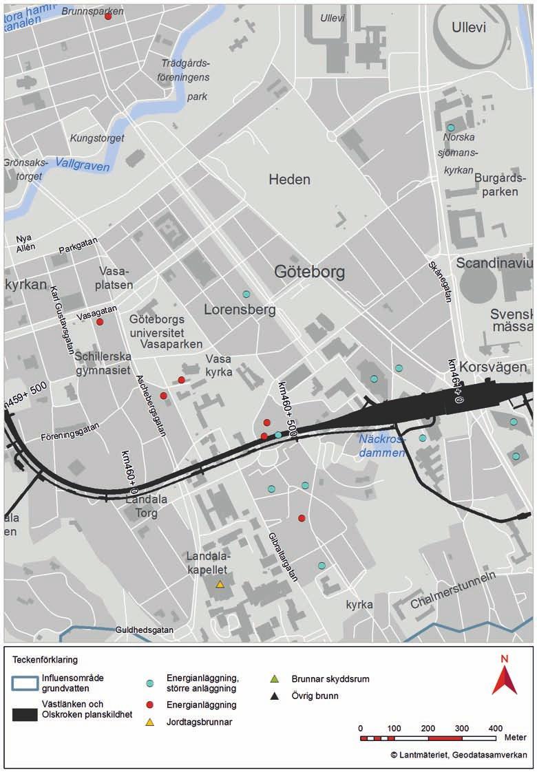 8.3.6 Vasastaden Korsvägen I Vasastaden - Korsvägen förekommer ett drygt 10-tal energianläggningar inom influensområdet vara 7 är stora anläggningar, figur 8.15.