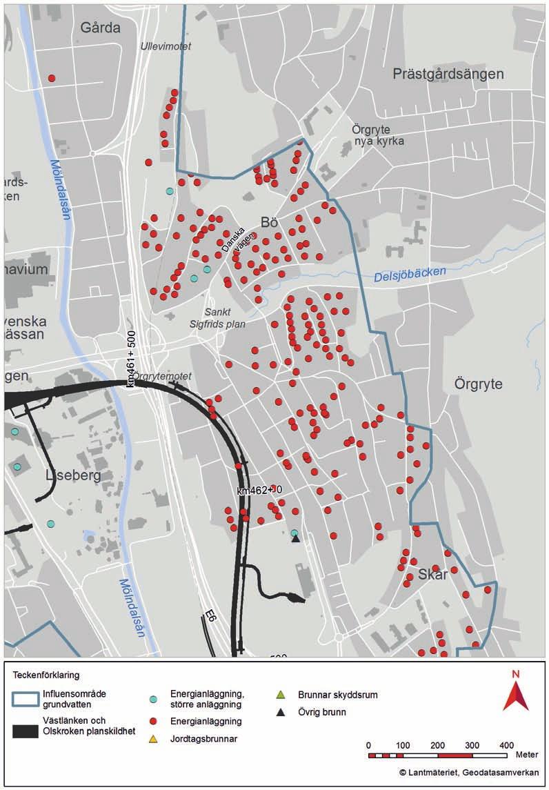 8.3.8 Gårda - Örgryte I Gårda - Örgryte förekommer inom influensområdet cirka 200 energianläggningar, varav ett fåtal utgör större anläggningar, figur 8.17.