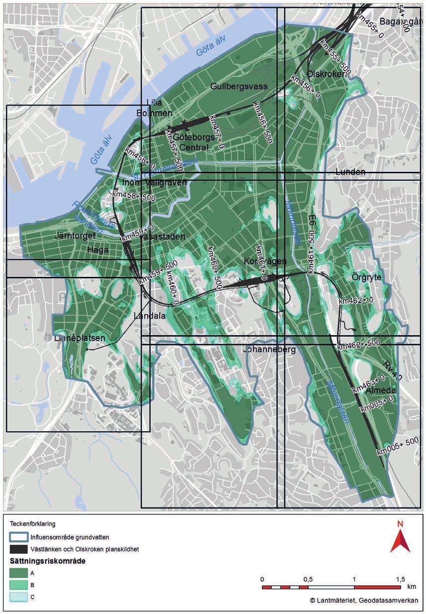 Figur 8.1 Riskområden för sättningsbenägen lera inom influensområdet. För detaljer hänvisas till de detaljerade kartutsnitten, vilka redovisas i figur 8.2 till figur 8.9.
