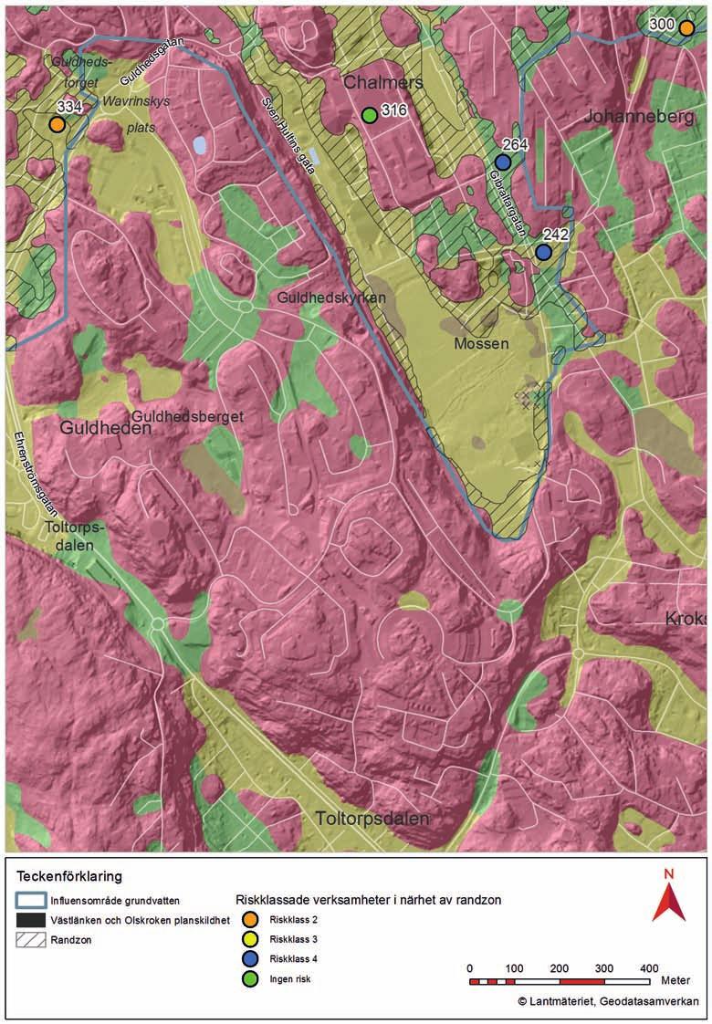 8.5.7 Johanneberg I Johanneberg finns verksamheter som bedöms utgöra risk för spridning av eventuella föroreningar öster om Gibraltargatan och vid Wavrinskys plats, figur 8.27.
