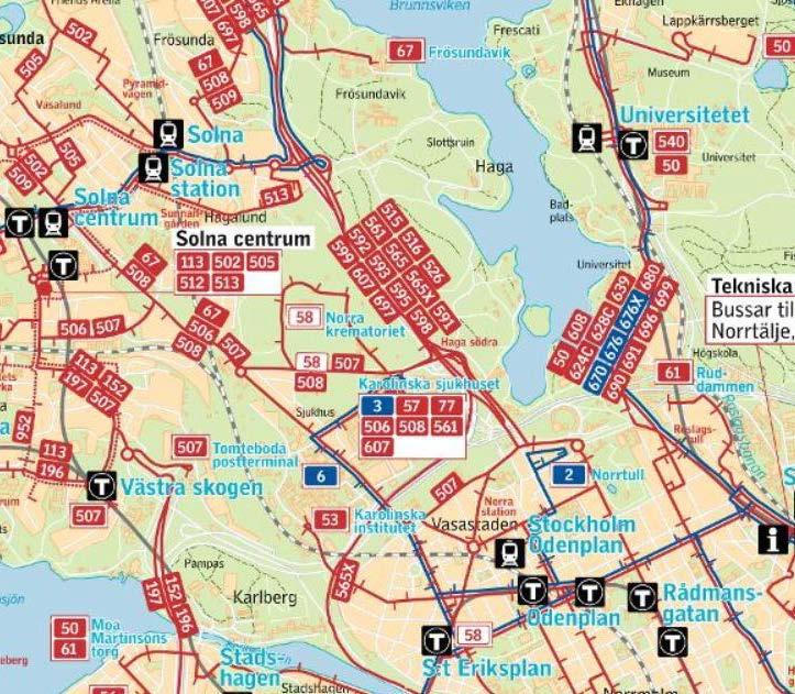 Figur 8. Flera busslinjer trafikerar idag den aktuella sträckan. Källa: Kartor över SL-trafiken, norrort kartvisare.