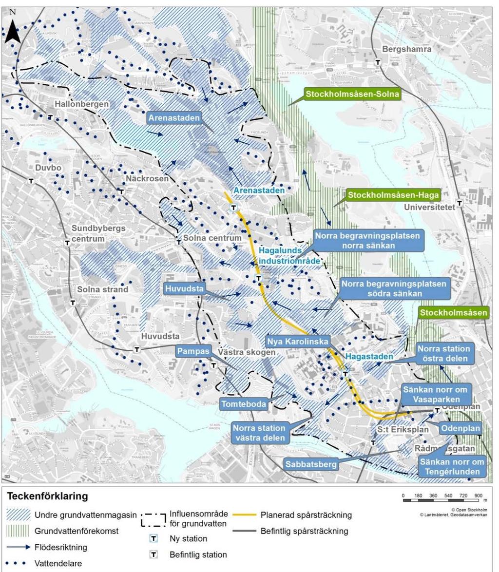 Inom influensområdet för grundvatten har cirka 400 brunnar identifierats. Dessa är framförallt energibrunnar, men privata brunnar och brunnar med okänd användning finns också.