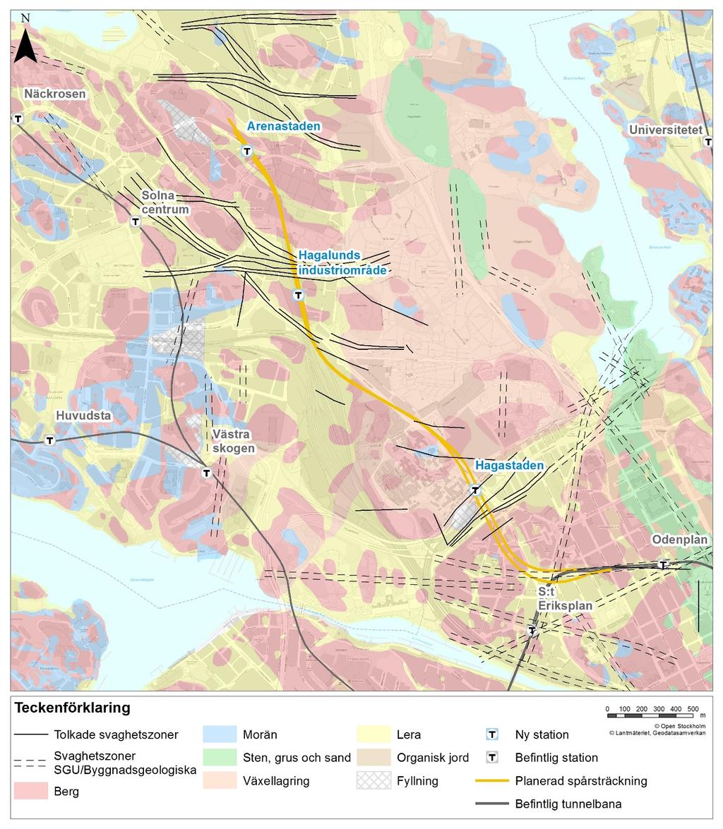 Figur 12. Jordarter och svaghetszoner. I läget för Station Hagalunds industriområde byggs plattformsrummet i berg. I området varierar bergnivån kraftigt.