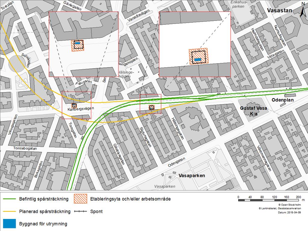 Figur 28. Byggnader för utrymning på sträckan Odenplan till Hagastaden. Sammantaget behövs två schakt för utrymningsvägar på sträckan placerade med cirka 300 meters avstånd.