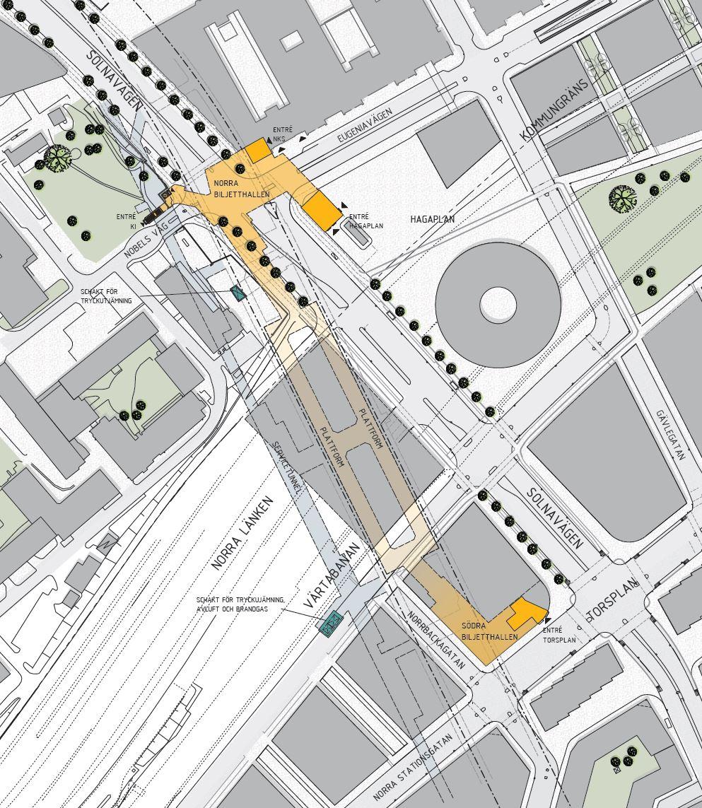 Figur 33. Station Hagastaden och arbets-/servicetunnel.