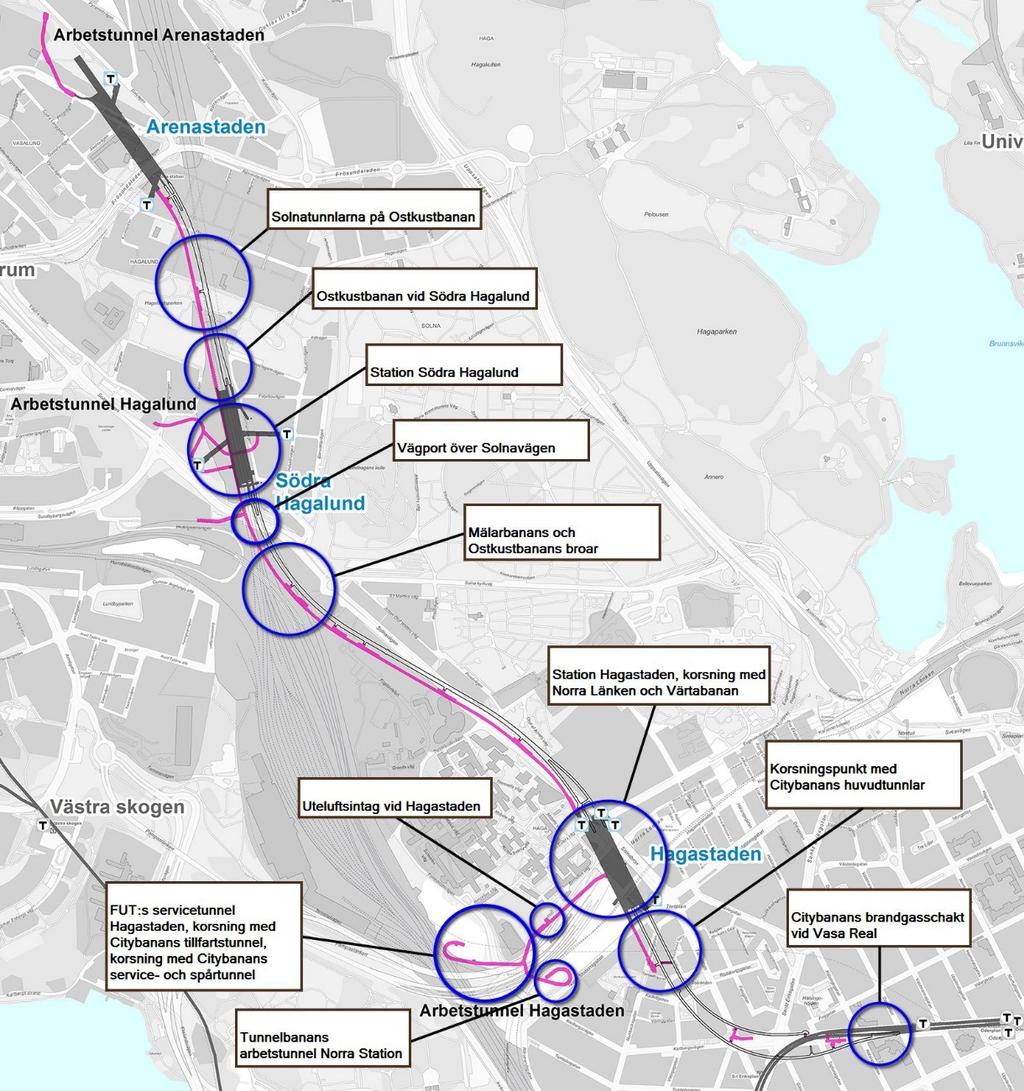 5.4 Konsekvenser på riksintressen för kommunikation Tunnelbanans anläggningar kommer att anläggas nära och korsa ett flertal riksintressen, Figur 48.