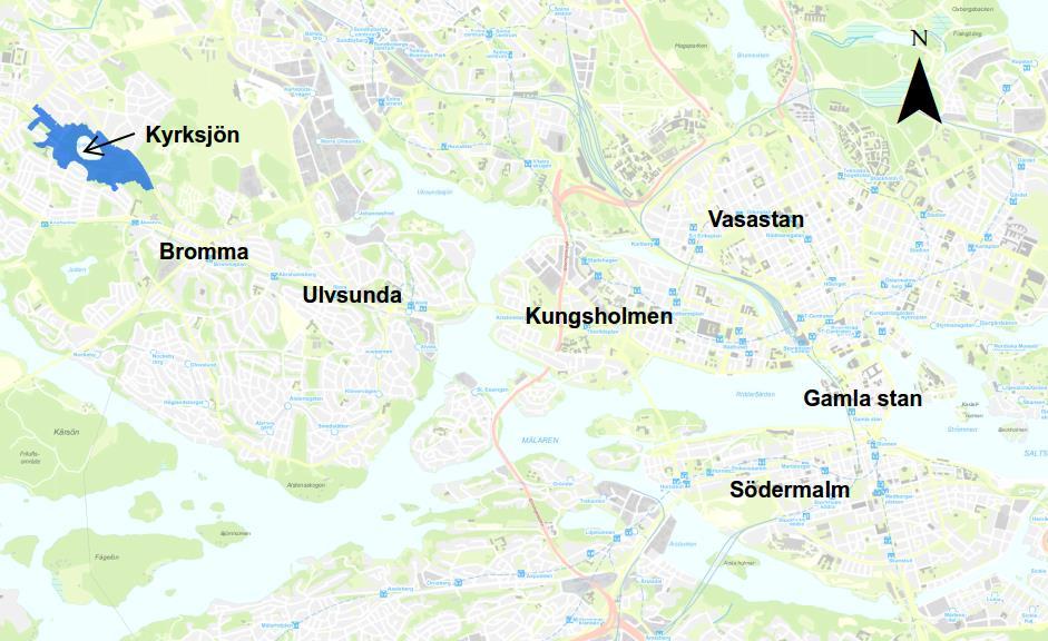 Figur 1 - Kyrksjön är beläget i västra delarna av Stockholm. Kyrksjön med tillrinningsområde indikeras med blått fält i figuren. Sjön ingår i Kyrksjölötens naturreservat, som bildades 1997.