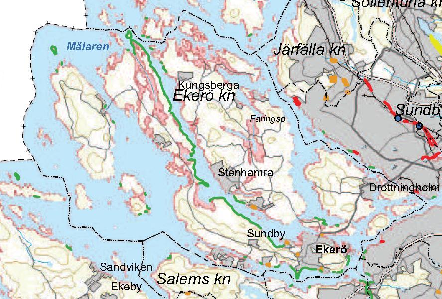 24 (49) Figur 3 Utsnitt av karta för riskområde skred, ras och erosion i Stockholms län som visar att huvudsakligen löper risk för erosion.