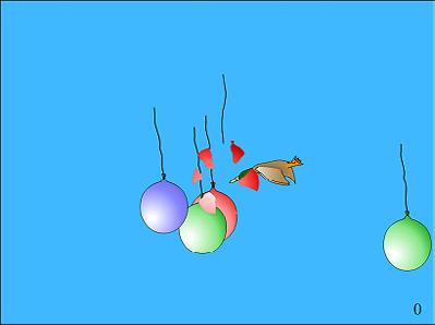 En anka kommer flygande och försöker ta hål på ballongerna. Om ankan lyckas med det blir man av med poäng. Man kan peka på ankan för att mota bort henne.