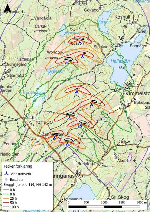 SKUGGBERÄKNING Verk av typen eno 114, HH 142 m Förväntad skuggtid 8 h/år beräknas