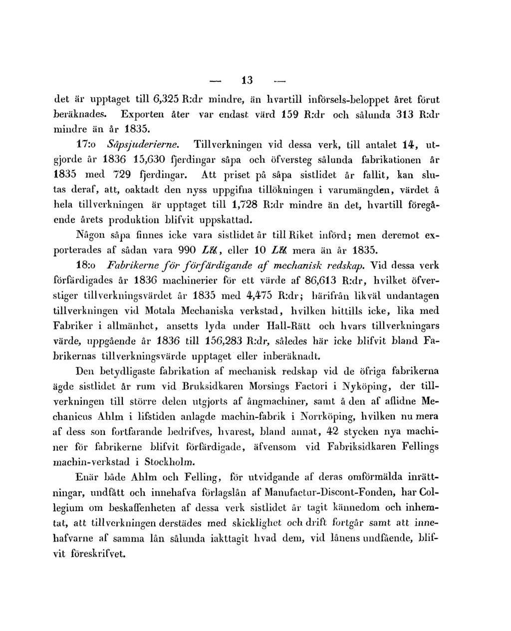 13 det är upptaget till 6,325 R:dr mindre, än hvartill införsels-beloppet året förut beräknades. Exporten åter var endast, värd 159 R:dr ocli sålunda 313 R:dr mindre än år 1835. 17:o Såpsjuderierne.