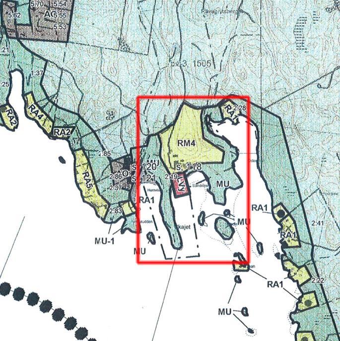 Bild 12. Utdrag ur delgeneralplanen, stranddetaljplaneområdet i mitten. 3.23 Baskarta Som baskarta används lantmäteriverkets terrängdatabas kompletterat med en meters höjdkurvor.