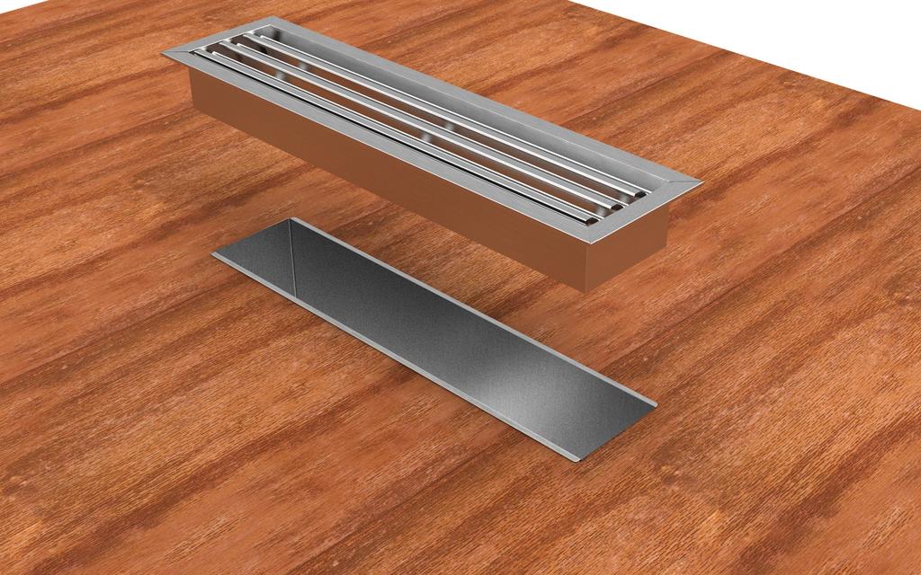 Aluminiumprofilen har en upphöjning som gör att infästningsramen döljs och galllret kan vila direkt mot golv. Gallret ska placeras med luftriktningen in mot rummet för att ge bäst funktion.