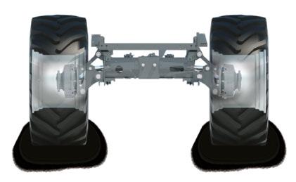 Maskinens längsgående lutningen utjämnas med hjälp av 2 starka hydrauliska cylindrar, som är kopplade till den separata bakaxelns stomme. I sluttningarna förskjuts parallellogrammet uppåt eller nedåt.
