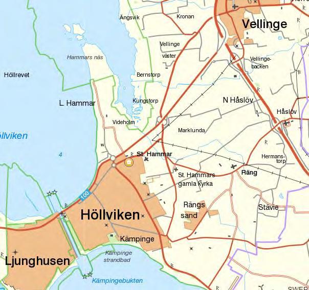 Stora Hammars nya kyrka, markerad med orange symbol, ligger i