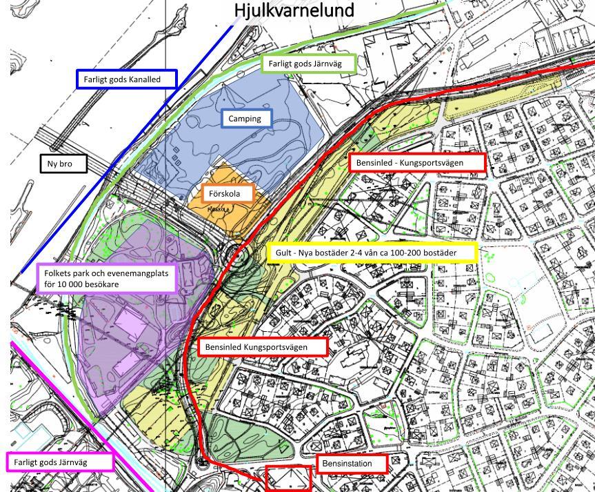 Ytor skrafferade i gult indikerar områden med bostäder. Utgångsläget är bostadshus i 2-4 våningar, totalt ca 100-200 bostäder.