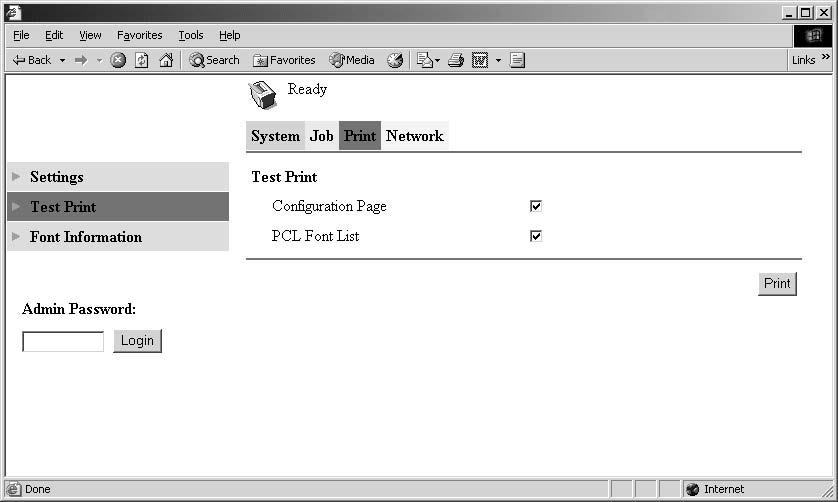 Använda PageScope Web Connection 7 7.11 Skriva ut en testsida Du kan skriva ut följande testsidor.