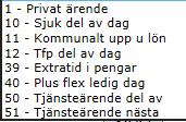 Om du ska välja en Kod finns dessa val för Stenungsunds Kommun/SBRF 1 - Privat Ärende När du stämplar UT/IN för privata ärende och det enbart ska bli minus flex. T.ex. tandläkarbesök, ut och röka.