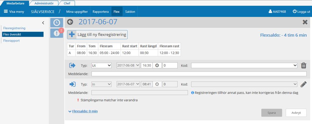 Tryck på för komma till detaljbild för korrigering. För att registrera stämplingar, tryck på.