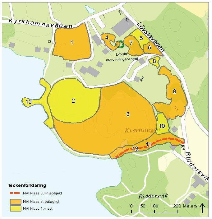Figur 3. Karta med identifierade naturvärdesobjekt i det inventerade området. Orangea objekt = objekt med påtagligt naturvärde. Gula = objekt med visst naturvärde.