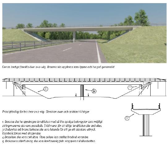 4.3 Broar och trafikplatser Broar ska uppfattas ligga horisontellt över vägen i möjligaste mån för att upplevas som stabila konstruktioner tillhörande väganläggningen.