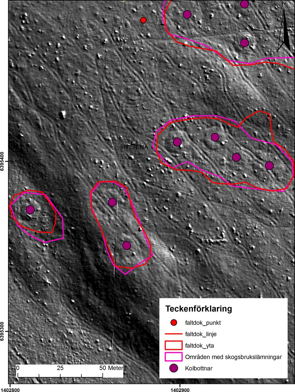 10 ARKEOLOGISK RAPPORT 2009:48 figur 3. Detalj från södra delen av utredningsområdet med registrerade områden med skogsbrukslämningar från utredningstillfället (röd linje).