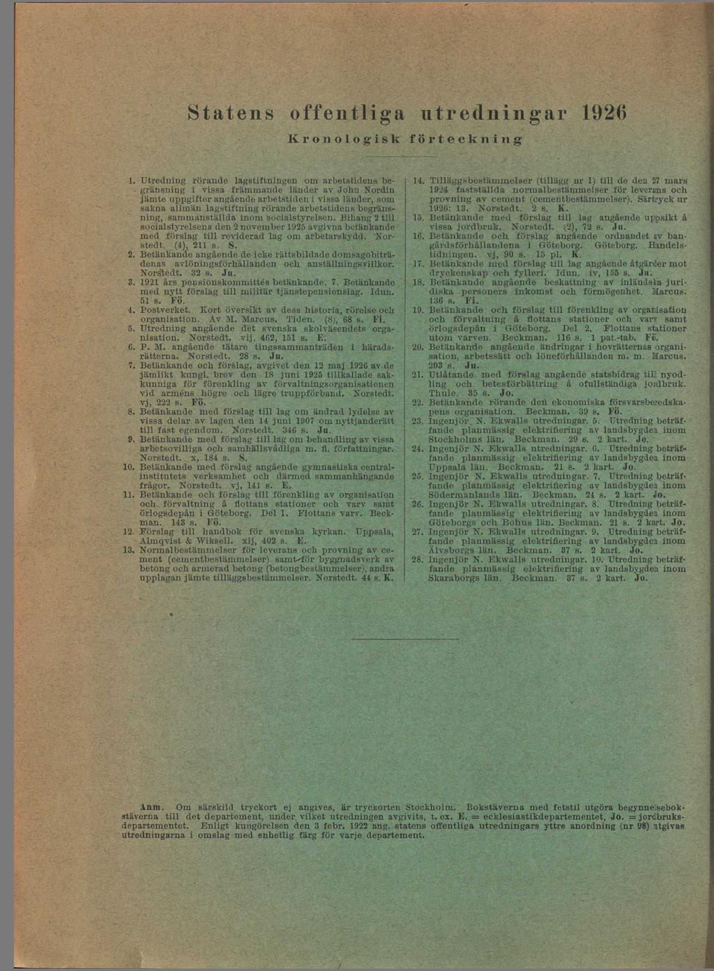 Statens offentliga utredningar 1926 Kronologisk f ö r t e c k n i 11 se Utredning rörande lagstiftningen om arbetstidens begränsning i issa främmande länder a John Nordin jämte uppgifter angående