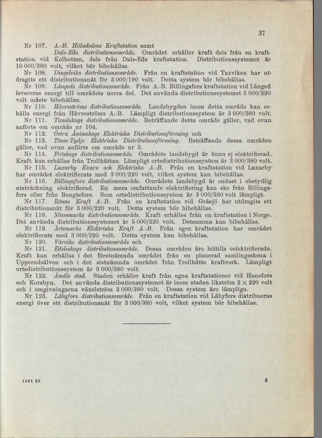 Nr 107. A.-B. Hökedalens Kraftstation samt Dals-Eds distributionsområde. Området erhåller kraft dels från en kraftstation id Kolbotten, dels från Dals-Eds kraftstation.