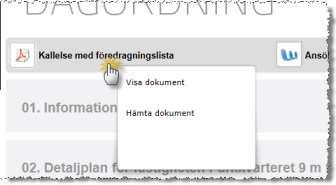 1 Visa eller hämta fil Klickas det på en fil så fås två val: Normalt väljs <Visa dokument>. Då visas dokumentet direkt i det inbyggda visningsprogrammet enligt beskrivning här nedan.