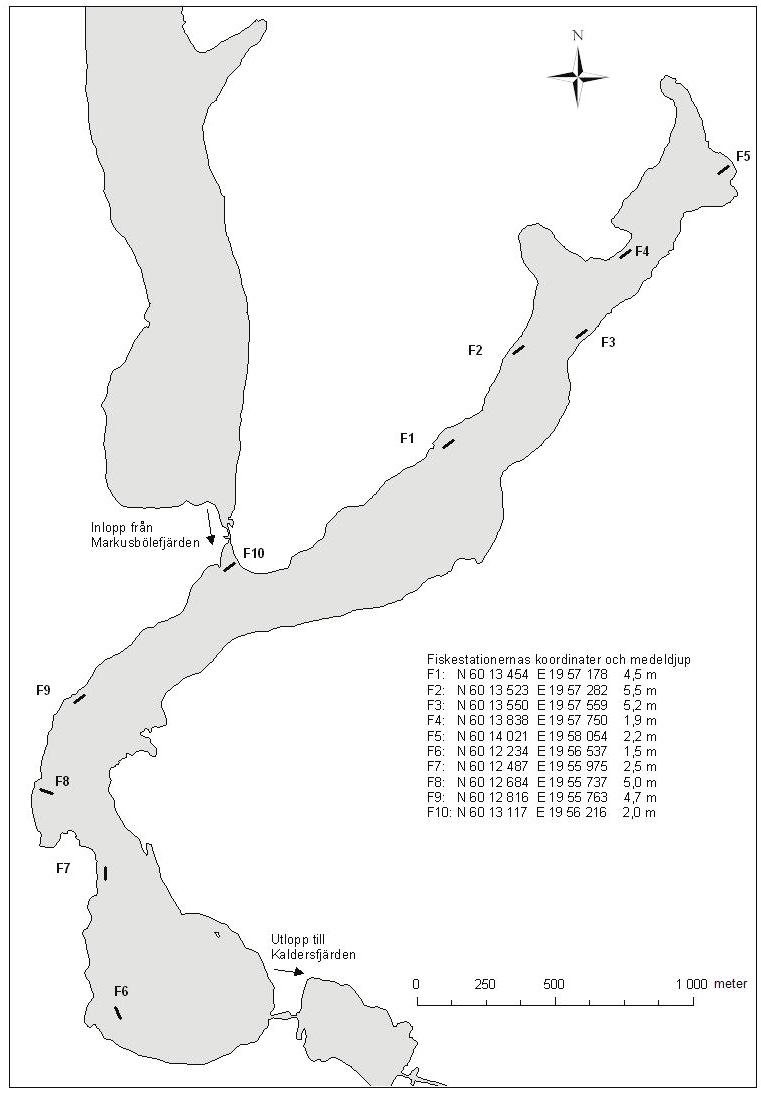 1 Figur 4. Koordinater och medeldjup för provfiskestationerna (F1-F1) i Långsjön 29 (modifierat efter MUSTAMÄKI & AHLBECK 27). Figure 4.