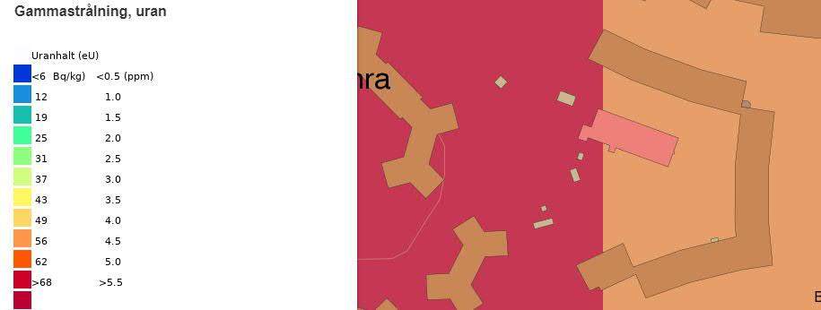 8.6 RADON Nedan redovisas utdrag från SGUs kartvisare gällande gammastrålning, uran. Marken i området klassas som normalradonmark till högradonmark. Figur 2. Gammastrålning, uran.