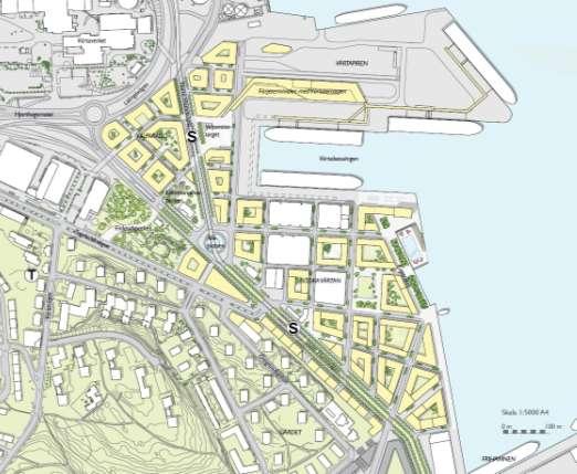 Situationsplan som visar en idé om en möjlig bebyggelse inom Södra Värtahamnen.