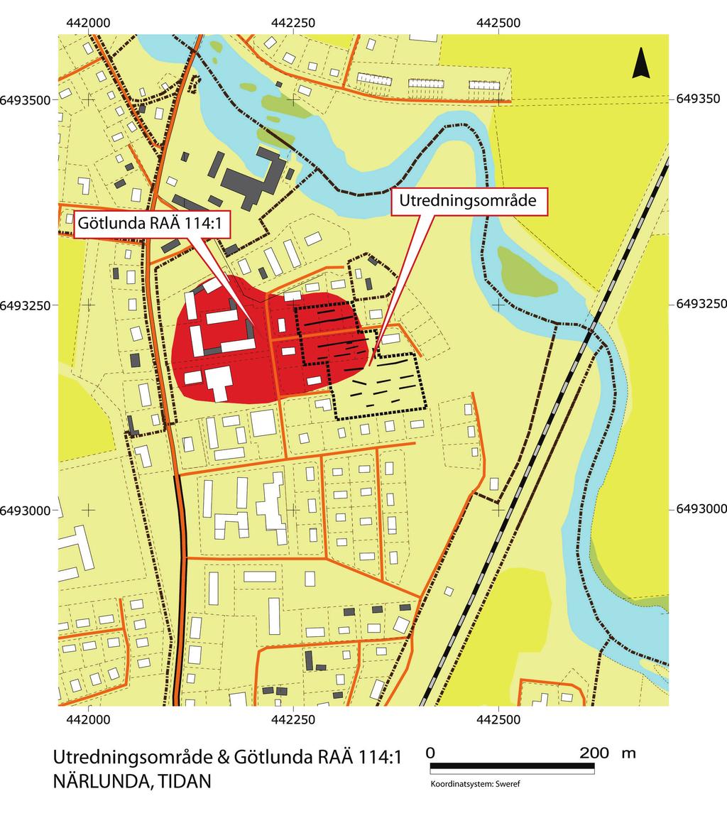 Närlunda, Tidan - arkeologisk utredning 2014 2014:14 Figur 1. Översikt över del av fastigheten Närlunda och fornminnet Götlunda 114:1, som snarast består av en fyndplats.