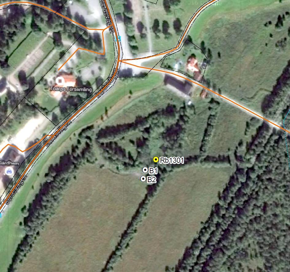 Planerat läge för B3 Figur 3.2. Flygbild med läge för nuvarande brunnar B1 och B2, samt läge för undersökningsbrunn Rb1301. Uttagsbrunnen B3 planeras att anläggas invid Rb1301. 3.2 Markanvändning Dalsjöfors vattentäkt ligger i Rångedalaåns dalgång som sträcker sig i nord-sydlig riktning från Rångedala till Dalsjöfors.
