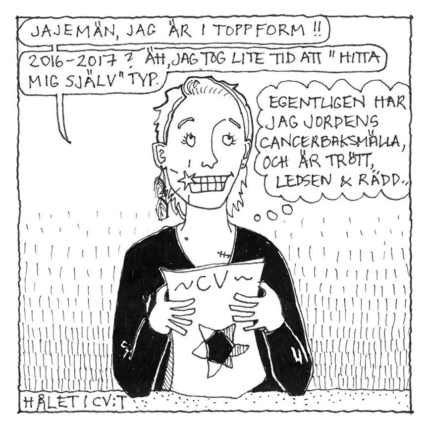 Hålet i Cv:t. Tiden som en inte kan arbeta på grund av cancer varierar. Allt från några månader till flera år är vanligt.