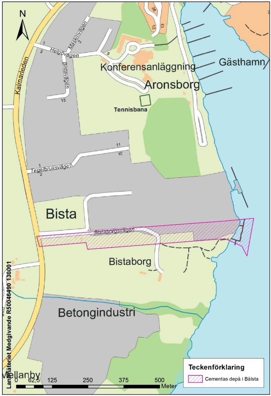 2 Lokalisering och omgivningsbeskrivning Anläggningen är belägen i södra Bålsta på fastigheten Bista 4:28 i Håbo kommun. Figur 2. Depåns lokalisering vid Kalmarvikens västra strand.