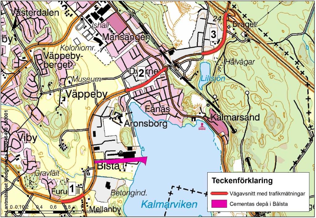Figur 5. Karta över vägnätet i närheten av depån med avsnitt där trafikmätningar gjorts markerade. 2.