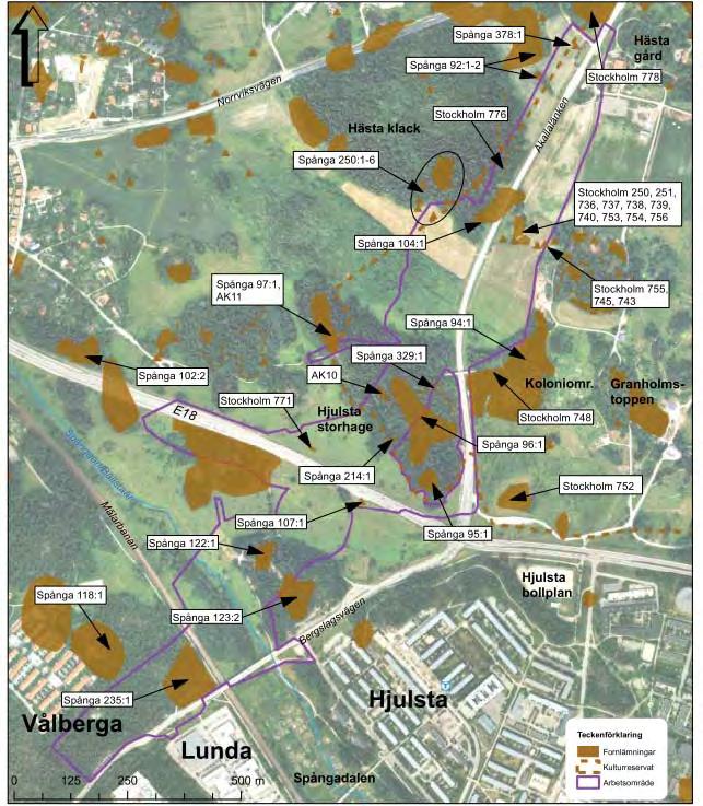 PM, Kompletterande natur- och kulturmiljöutrednin Igelbäcken kulturreservat, 2013-03-22 Figur 8. Fornlämningar vid Håga, Akalla och Hansta.