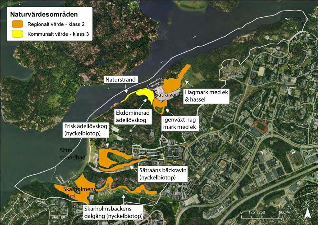 PM, Kompletterande naturoch kulturmiljöutredning, Sätraskogens naturreservat Figur 2. Naturvärdesområden som riskerar att påverkas av grundvattensänkning eller ianspråktagande av mark.
