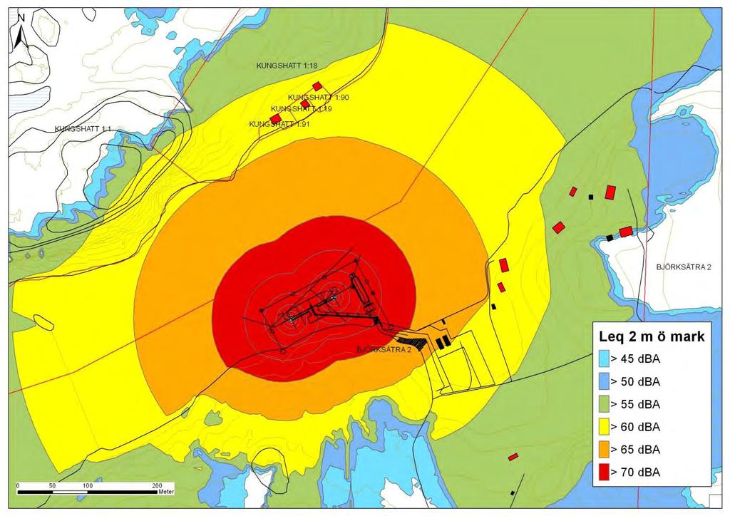PM, Kompletterande naturoch kulturmiljöutredning, Sätraskogens naturreservat Figur 7. Beräkningar av förväntat bullernivå vid byggskedet av hamn (ca 4 månader).