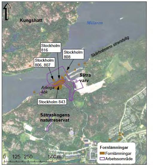 PM, Kompletterande naturoch kulturmiljöutredning, Sätraskogens naturreservat 4.2 Kulturmiljö Figur 15. Kartan visar fornlämningar i eller nära arbetsområdet. 806,807 och 808 är fartygslämningar.
