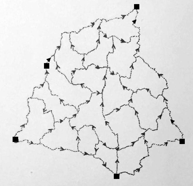 Figur 11.a. Exempel på ett höjdtågsnät bestämt genom avvägning. k=0,41. Att uppfylla k > 0,3 är normalt inga problem; se det ganska typiska exemplet i Figur 11.a (Persson, 1986c).