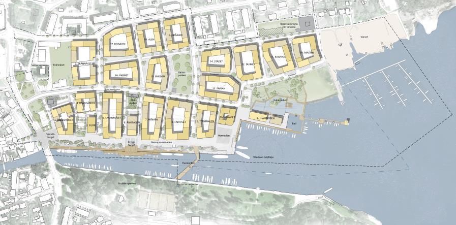 2 Figur 1: Norrtälje Hamn omfattar kvarteren 1-19 inklusive Sjötullstorget, Kärleksparken, Hamnparken och Galärparken (tidigare benämnd Strandparken) Principer för dagvattenhantering på kvarters-