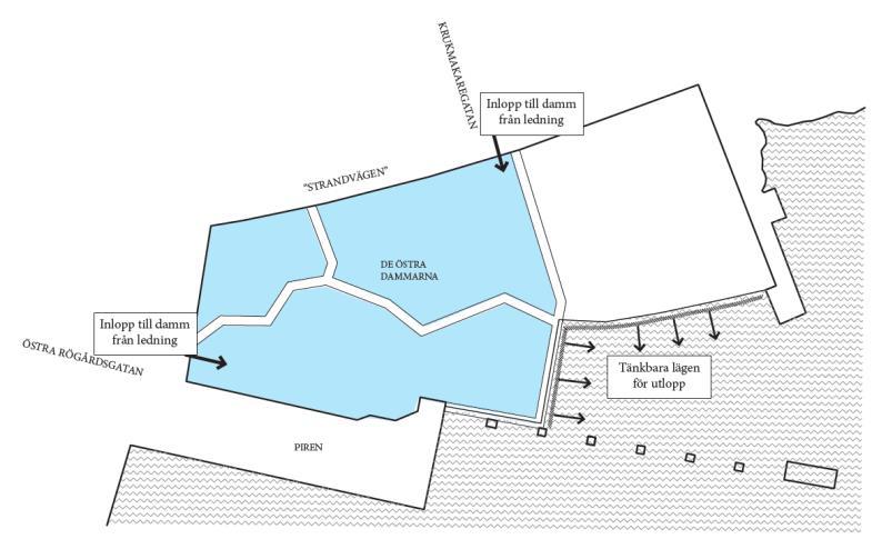 9 Fig. 6. Principutformning för östra dagvattenanläggningen. Den blå ytan representerar yta som är tillgänglig för dagvattenfördröjning.