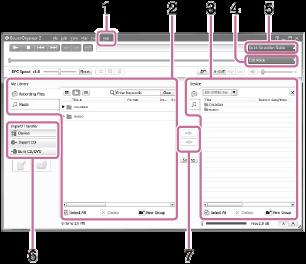 Fönstret Sound Organizer 2 (endast för Windows) 1. Hjälp Visar hjälpen för Sound Organizer 2. För information om användning, se respektive hjälpavsnitt. 2. Fillistan för Sound Organizer 2 (My Library) Visar en lista över filer som ingår i My Library of Sound Organizer 2 i enlighet med viss användning.