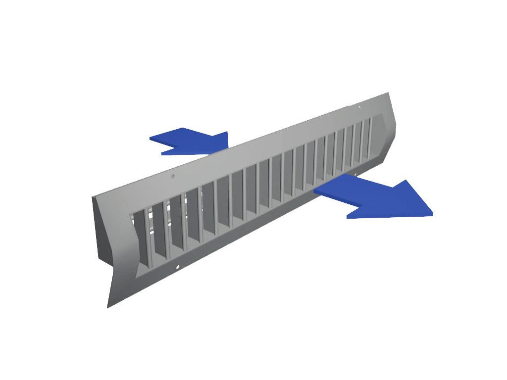 Funktion Tilluften införs i rummet med horisontell eller vertikal vinkel. Tilluften blandas med rumsluften framför gallret. Tilluften riktas horisontellt med hjälp av de justerbara bakre lamellerna.