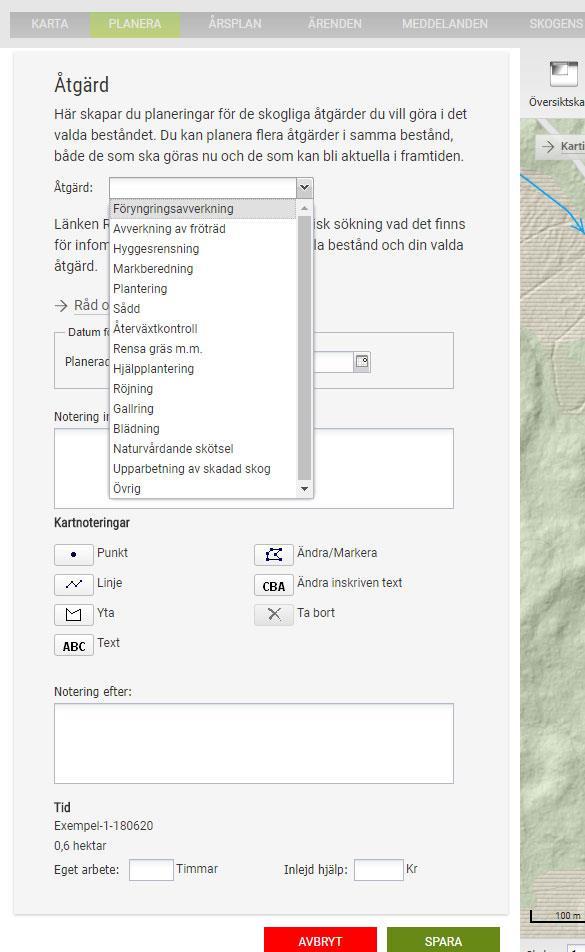 Skapa en åtgärd Välj den åtgärd du önskar planera. Om ingen av de förinställda åtgärderna passar dig kan du skapa en egen genom att välja Övrig. Tips: Skriv in planerat årtal för åtgärden.